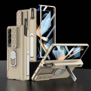 Shockproof Armor Case For Samsung Galaxy Z Fold 4 5G Fold4 Magnetic Hinge Slide Lens Cover with Ring and Pen Holder Kickstand