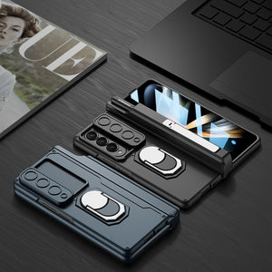 Shockproof Armor Case For Samsung Galaxy Z Fold 4 5G Fold4 Magnetic Hinge Slide Lens Cover with Ring and Pen Holder Kickstand