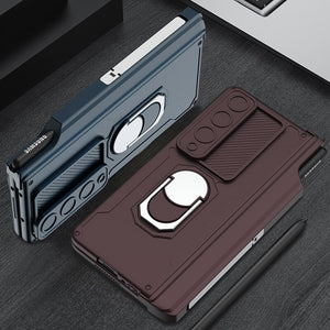 Shockproof Armor Case For Samsung Galaxy Z Fold 4 5G Fold4 Magnetic Hinge Slide Lens Cover with Ring and Pen Holder Kickstand