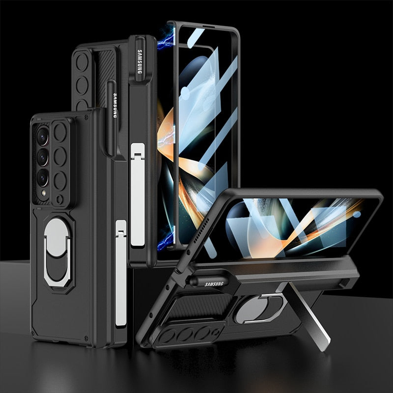 Shockproof Armor Case For Samsung Galaxy Z Fold 4 5G Fold4 Magnetic Hinge Slide Lens Cover with Ring and Pen Holder Kickstand