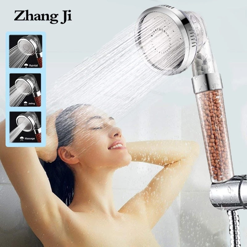 ZhangJi 3 Modes Bath Shower Adjustable Jetting Shower Head High Pressure Saving Water Bathroom Anion Filter Shower SPA Nozzle